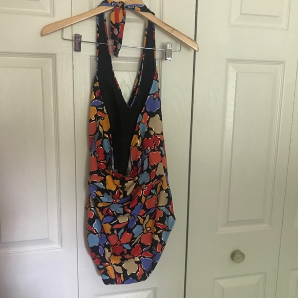 Islander tropical halter wrap style 1pc Swimsuit 16 XL black red gold metallic - Picture 4 of 5